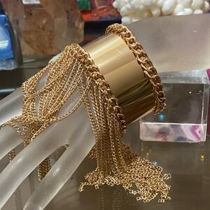 Runway High End Adjustable Cuff Bracelet Gold Tone Chain Fringe Mesh